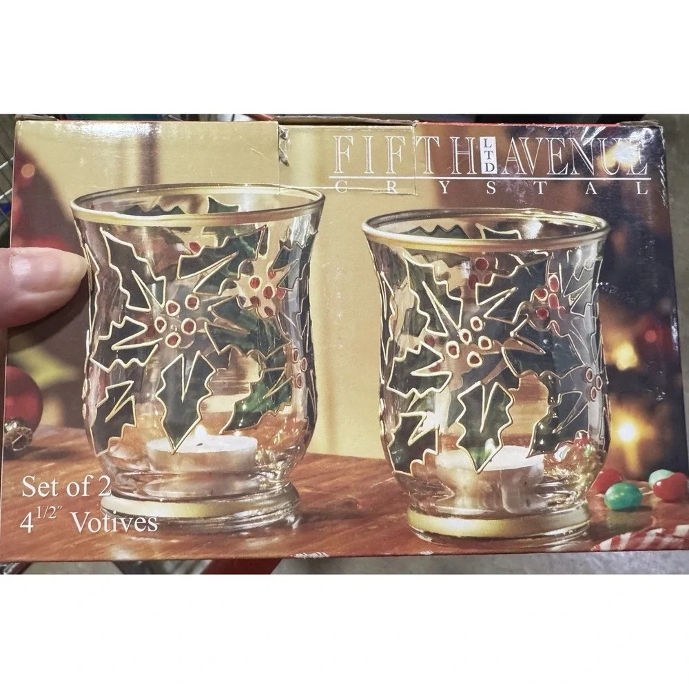 Fifth Avenue Crystal Votives Set of 2 Holly Berry Christmas Decor 4.5 Inches